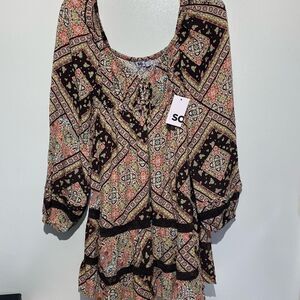 SO Women's Brown Multi Lace Inset Tiered Long Sleeve Babydoll Dress Medium NWT